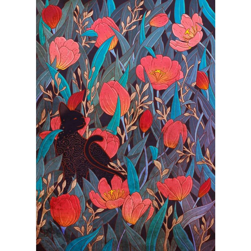 Cats and Flowers Poster Colorful Abstract Tulip Magnolia Roses Canvas Painting Modern Wall Art for Living Room Home Decor