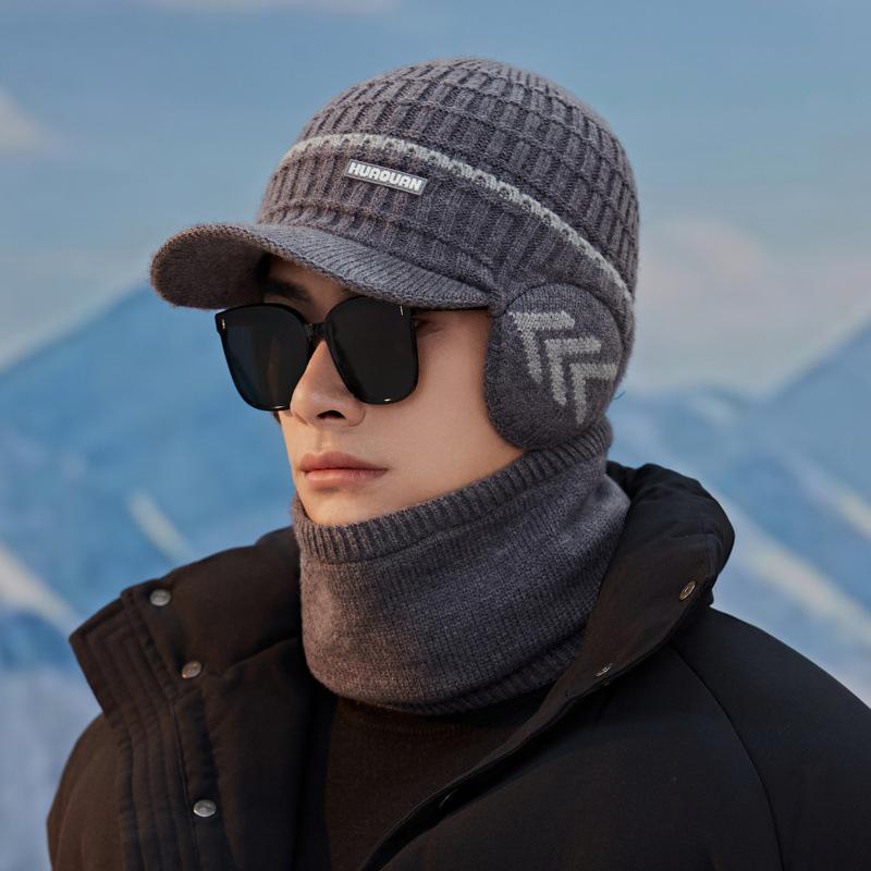 Men's Korean Style Knitted Wool Winter Hat & Velvet Earmuff Scarf Set for Cycling