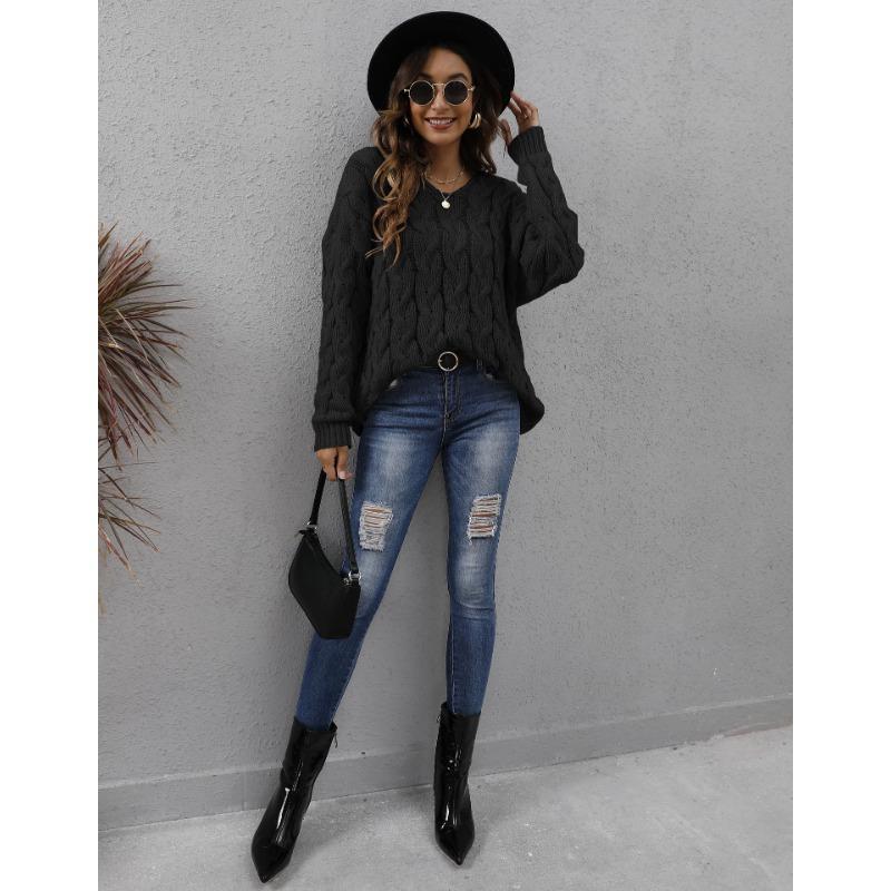 Autumn and Winter Women's Thickened Twist Knit V-Neck Hooded Loose Pullover Sweater