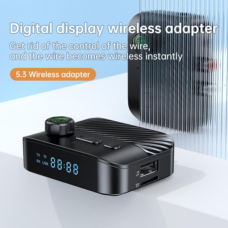 Wireless Bluetooth 5.3 Audio Adapter Receiver Transmitter 3.5MM AUX RCA TF/USB U-Disk Hifi Stereo Music With HD Mic LED Display