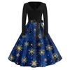 Christmas Print Flare Dress For Women Long Sleeve Dress Hollow Party Casual Dresses