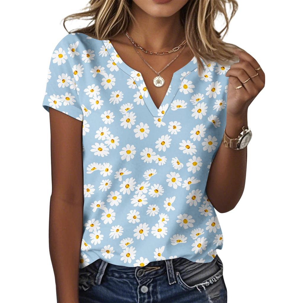 Женская повседневная футболка с цветочным принтом, пуловер с V-образным вырезом и коротким рукавом