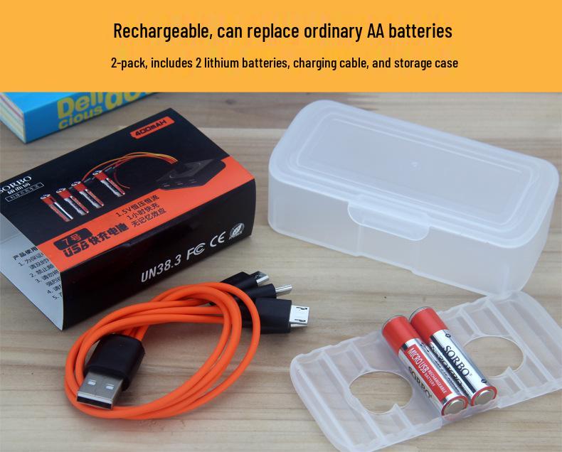 Smart USB Rechargeable AAA Battery Charger Set, 2-Slot Universal 1.5V Lithium Polymer Batteries.
