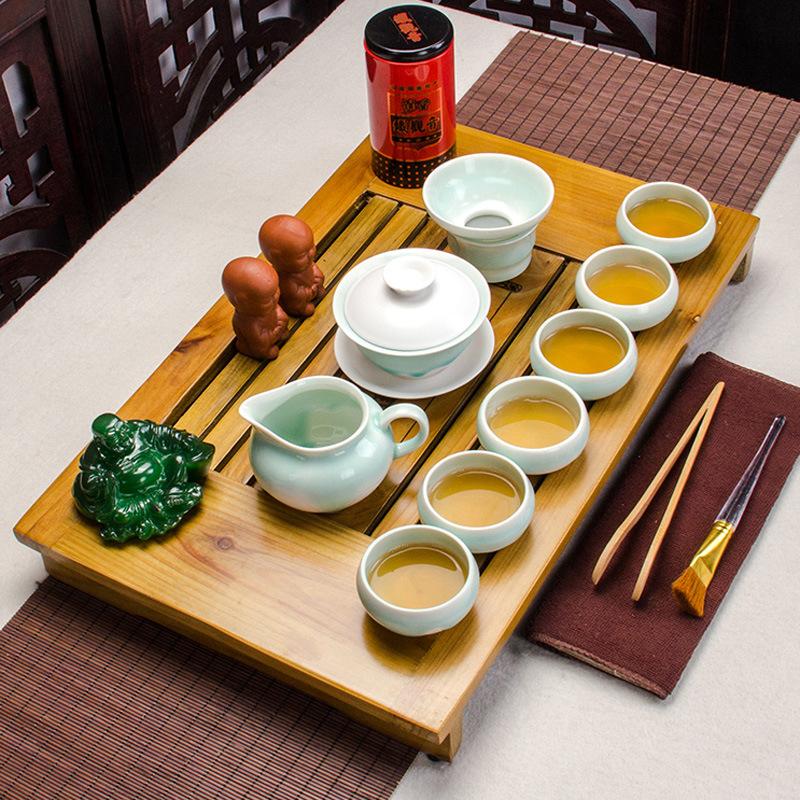 Китайский чайный сервиз, прозрачный термостойкий стеклянный чайный сервиз из массива дерева с подносом для чая кунг-фу.