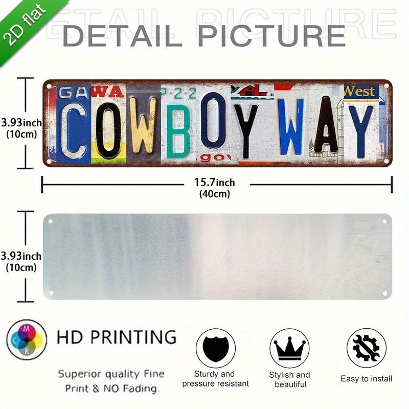 2D Flat, 1pc Vintage Aluminum Metal Sign Wall Art - 16x4 Inch Rustic COWBOY WAY License Plate Design, UV Printed Durable