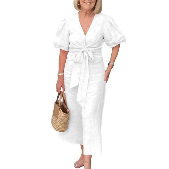 Летнее платье макси с V-образным вырезом, шнуровкой на талии, рукавами-фонариками, однотонное, свободное