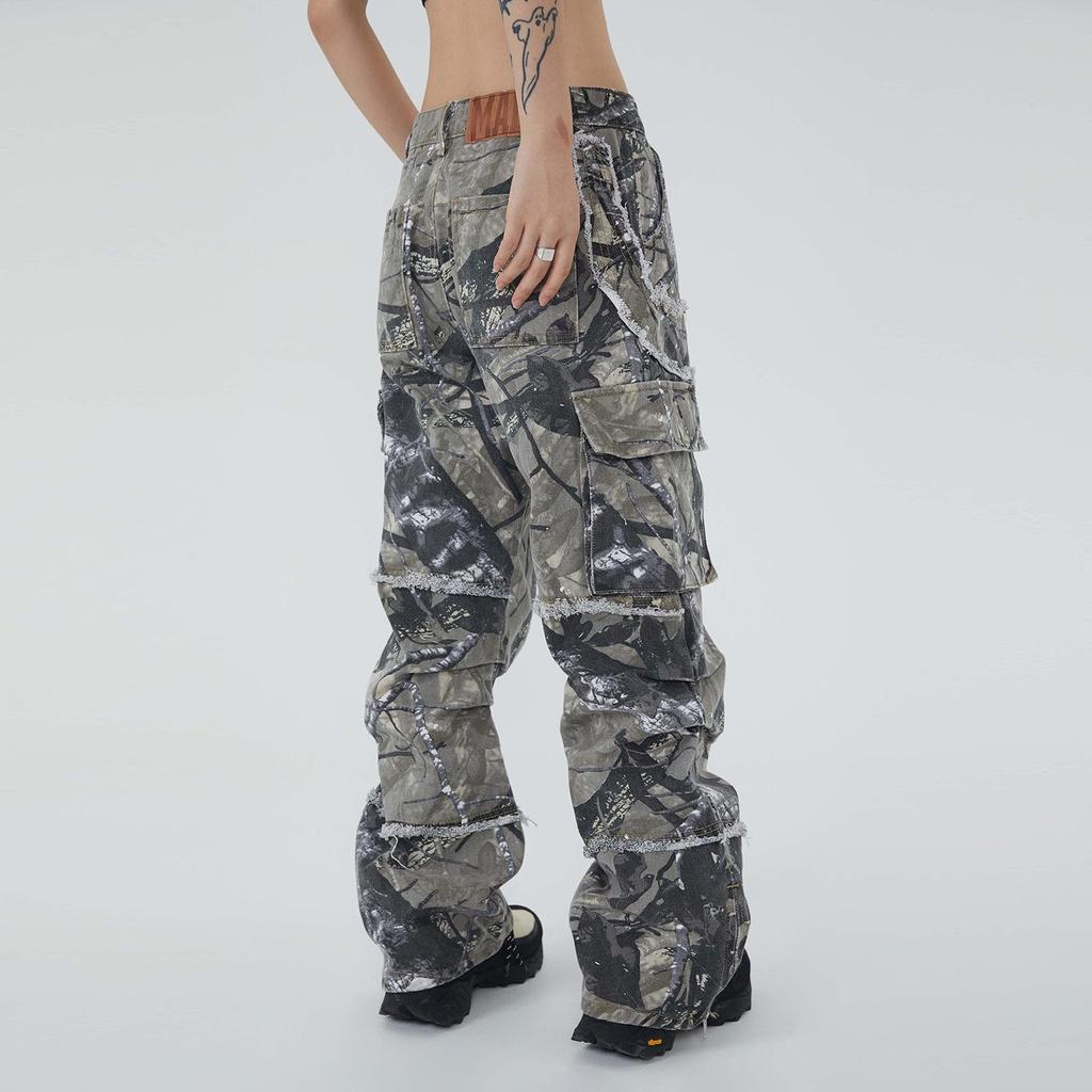 Американские джинсы в стиле хип-хоп с необработанными краями 2023 года: Брюки прямого кроя с широкими штанинами и множеством карманов для мужчин и женщин