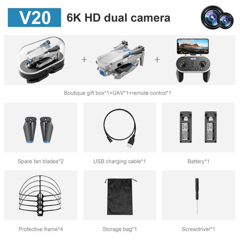 New Mini Drone V20 6K HD Camera RC Helicopter Quadrocopter One-Key Return FPV Follow Me Foldable Quadcopter Boy's Toys Gift