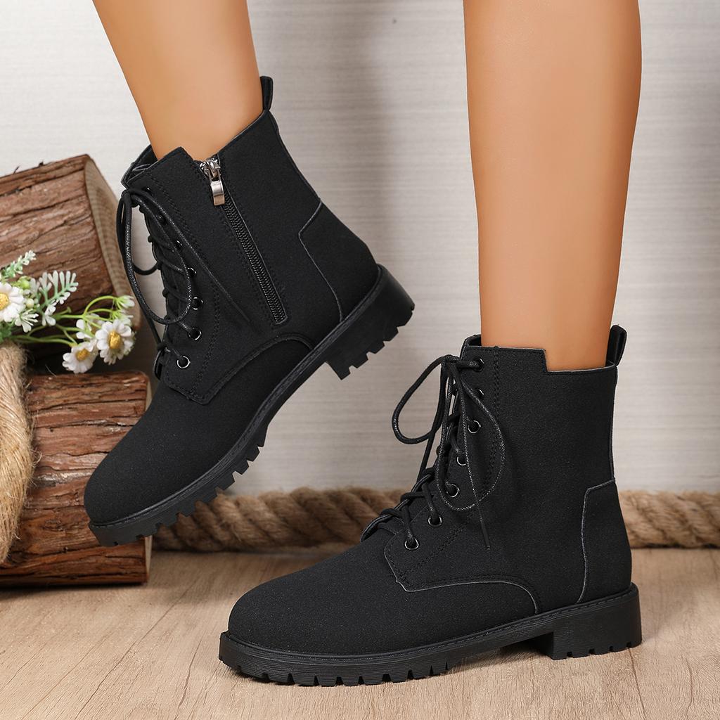 Ретро Однотонные Ботильоны на Молнии для Женщин Осень Зима Квадратный Каблук Шнуровка Женские Ботинки Большой Размер Обувь Женская с Круглым Носком