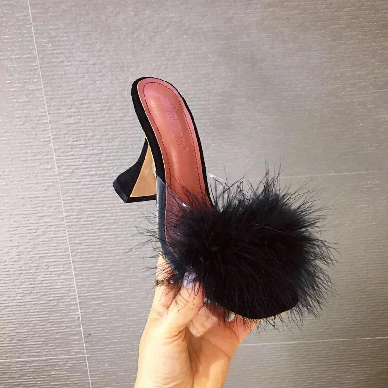 Тапочки Maogu, перья, ПВХ, прозрачные, высокие каблуки, меховые сандалии, открытый носок, каблук-шпилька, женские шлепанцы, женские летние новые мюли 41