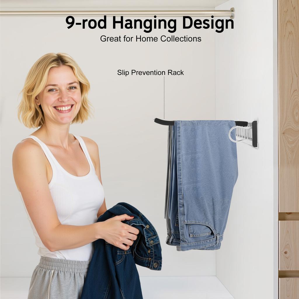 9-Rod Pull-Out Pants Rack – Heavy Duty Slide-Out Trouser Organizer with Silent Rails & Anti-Slip Flocking – Black/Silver