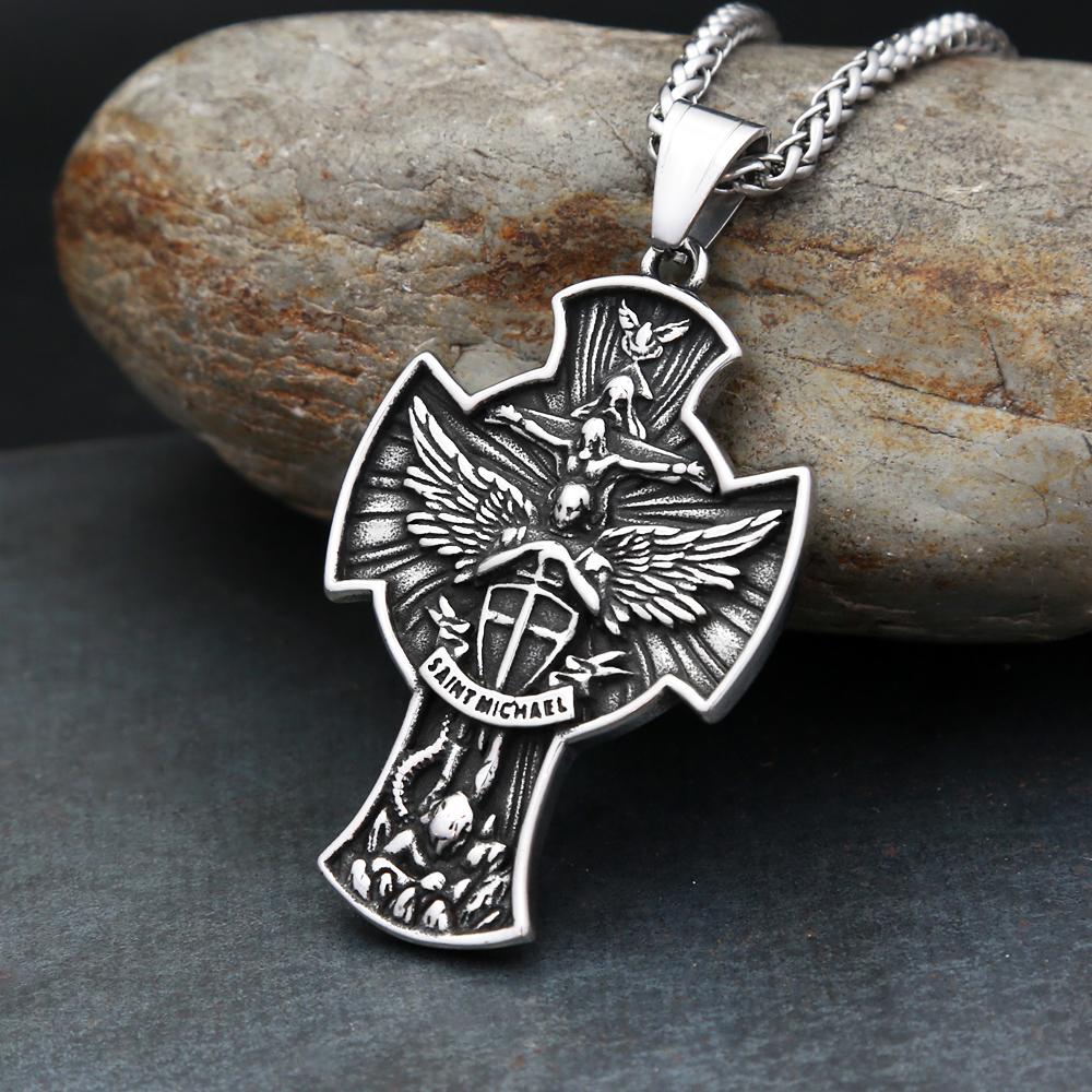 New Vintage Archangel Saint Michael Pendant Necklaces for Man Stainless Steel Angel Wings Cross Necklace Amulet Jewelry Gifts