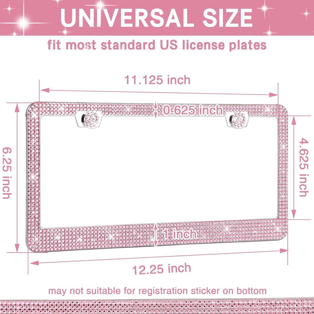 2 Pack Bling License Plate Frames Premium Sparkly License Plate Frame for Women Durable Pink Bling Car Accessories