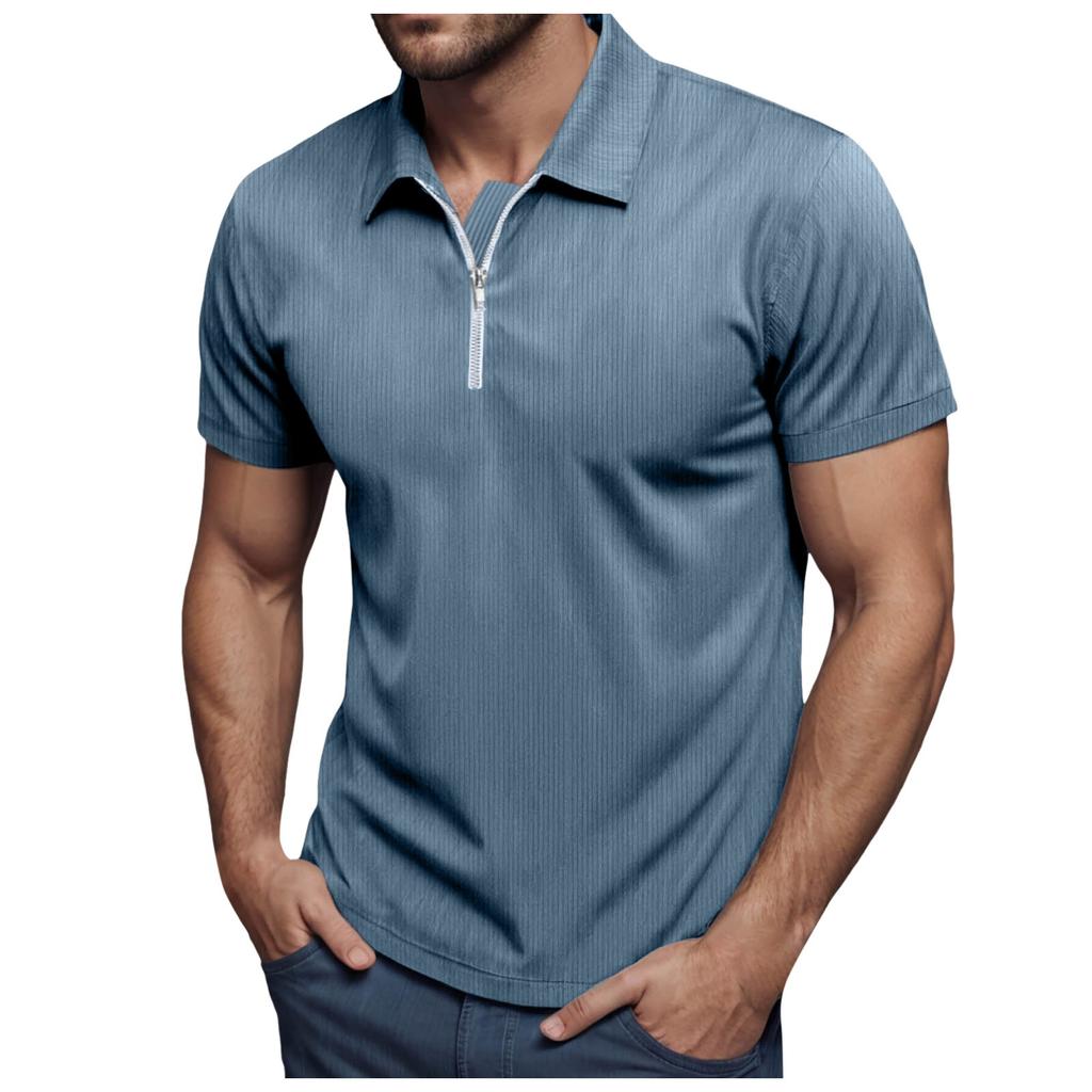 Мужская летняя свободная футболка из вельвета с коротким рукавом и застежкой-молнией на лацкан, однотонная легкая и дышащая рубашка, топы