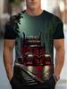 Men'S Plus Size Vintage Truck Pattern T-Shirt - Red And Black Trailer Nightscape Design, Comfortable Athletic Casual Wear, Suitable for Summer