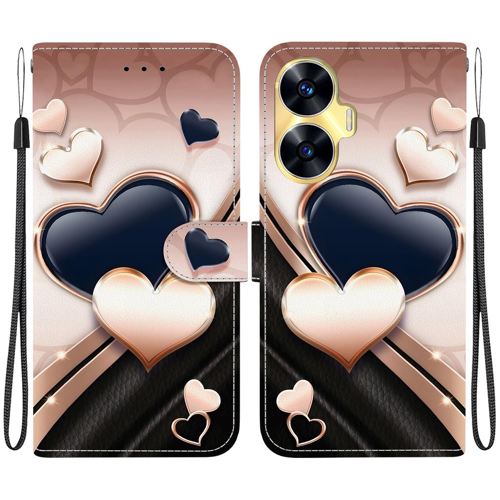 Чехол-книжка из искусственной кожи ручной работы для Realme C55 / Realme Narzo N55, противоскользящий, противоударный чехол с ремешком на запястье и рисунками кошек с сердечками/розами