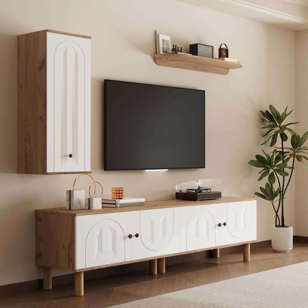 Living room wall unit, 3-piece, consisting of: highboard, cabinets, wall shelf. White and wooden, carved door panels.