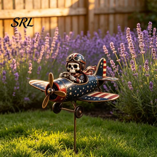 Vintage Style Garden Accessory Metal Skeleton Pilot Airplane Wind Spinner with Ground Stake, American Flag Retro Lawn Ornament Yard Rustic Iron