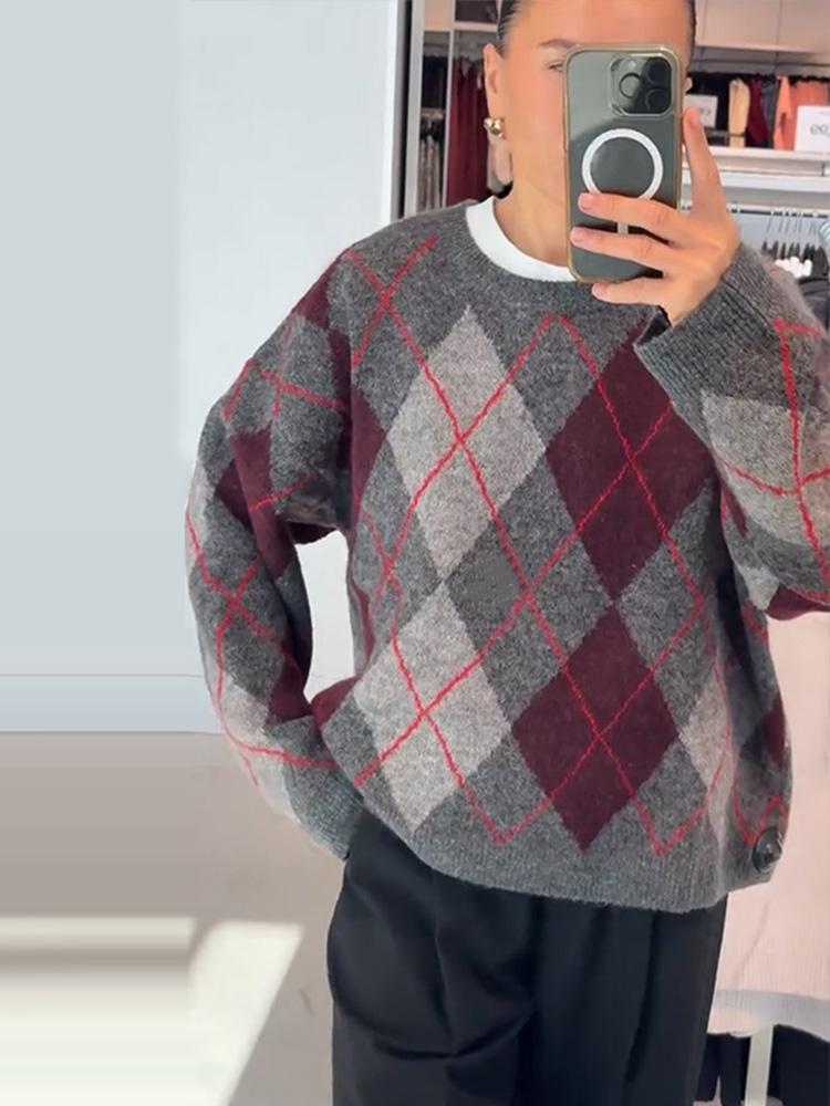 Женский жаккардовый вязаный свитер с ромбовидным узором, с круглым вырезом, женский теплый и модный зимний пуловер с круглым вырезом 2025