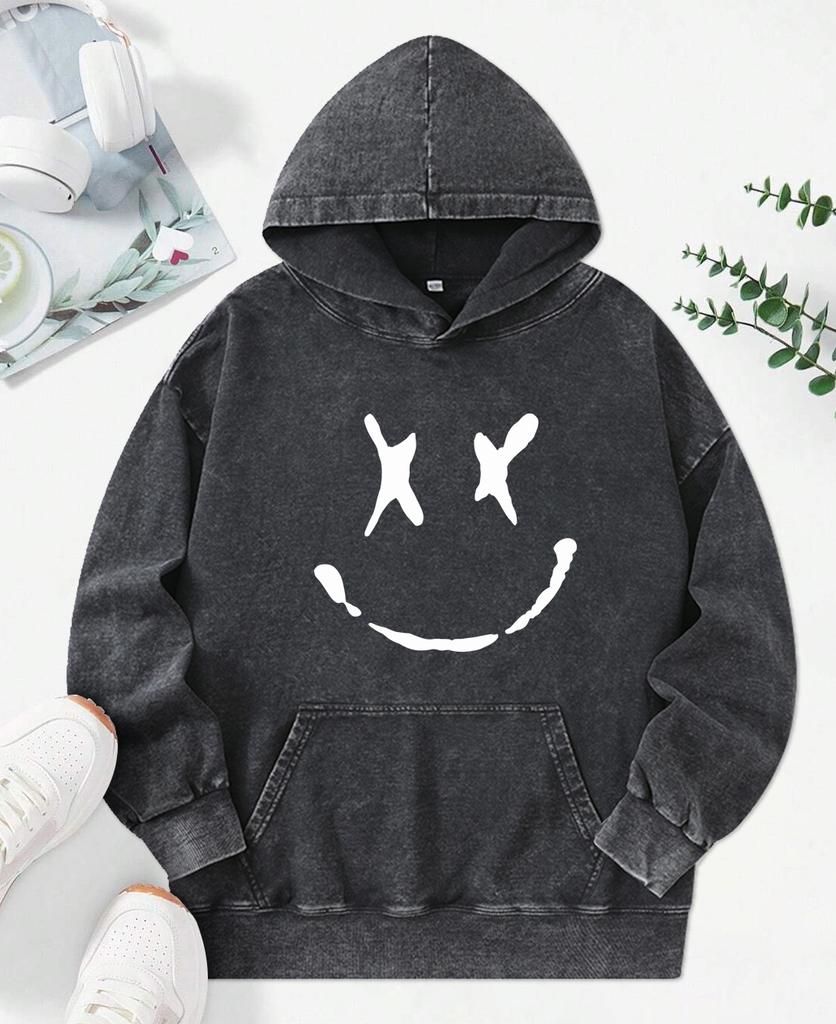 Creative Smiling Printed Washed Hoodies Women Hip Hop Cotton Streetwear Autumn Fashion Clothes Casual Hoody