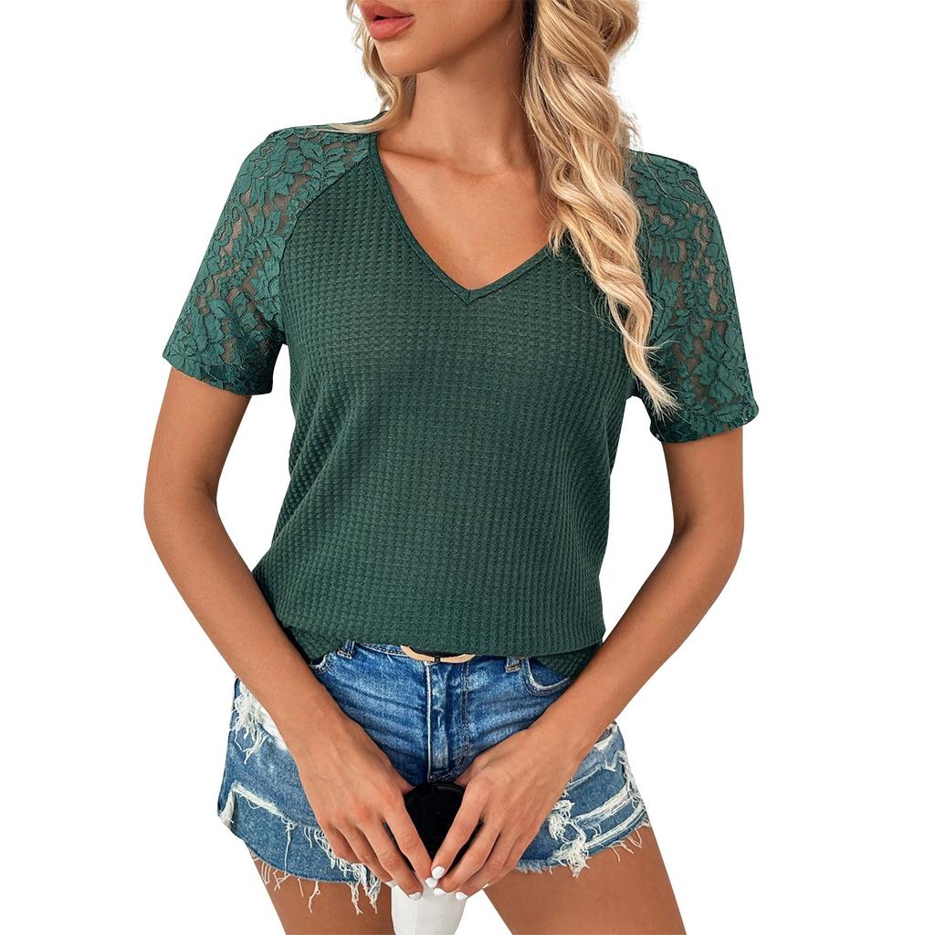Ladies Casual Fashion Sexy Hollow Lace V-Neck Short Sleeve Top