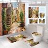 Древний город, уличная переулок, лестница, занавеска для душа с принтом и коврики, водонепроницаемые с 12 крючками, нескользящий коврик для ванной комнаты, U-образный коврик для унитаза, накладка на крышку унитаза