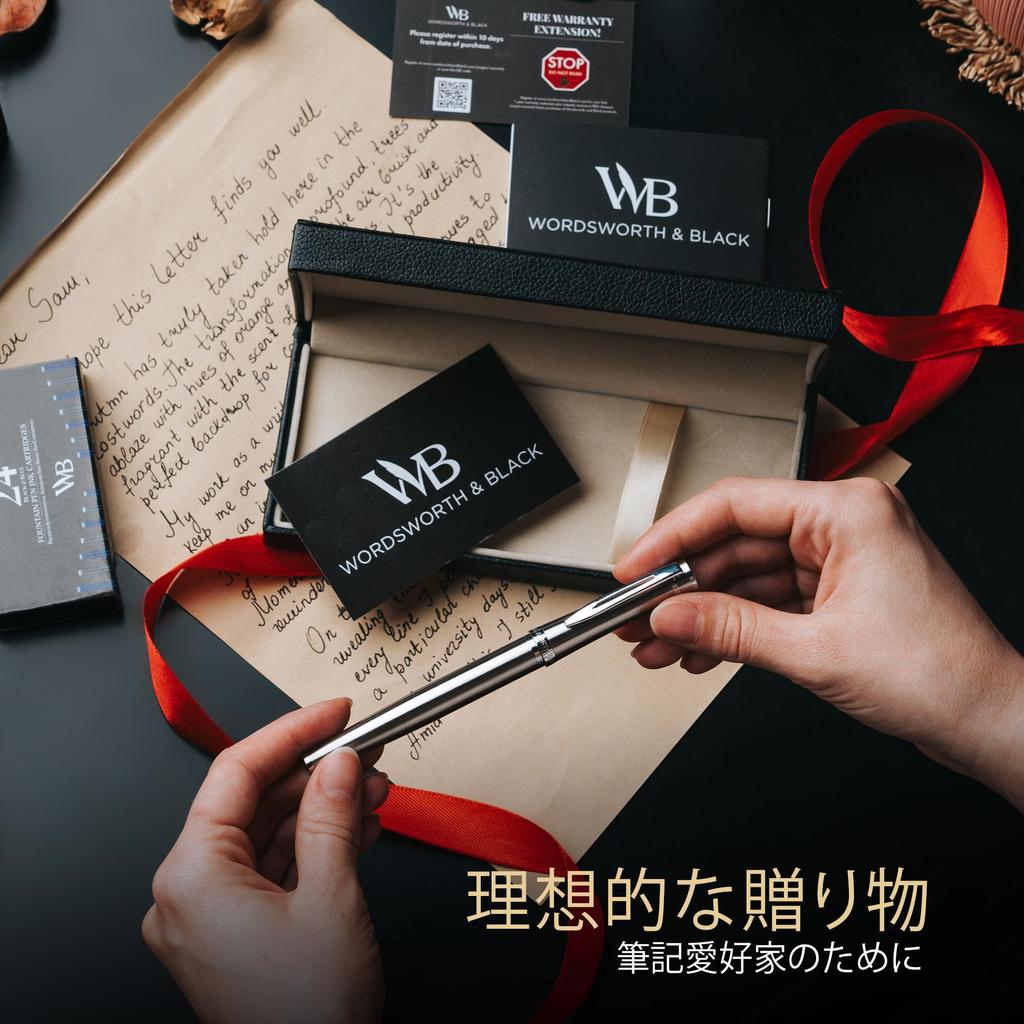 Wordsworth Black Fountain Pen 18K Ink Ink Refill Gift Box Chrome Ideal for Men and Women & Set, Gold-Plated Extra-Fine Nib, 24-Pack Cartridges,