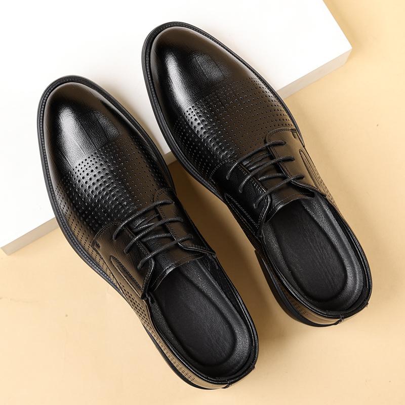 Leather Shoes Men's 2025 New Summer Breathable Hollow Hole Business Leisure Inner Height Increase Lace-up Men's Shoes