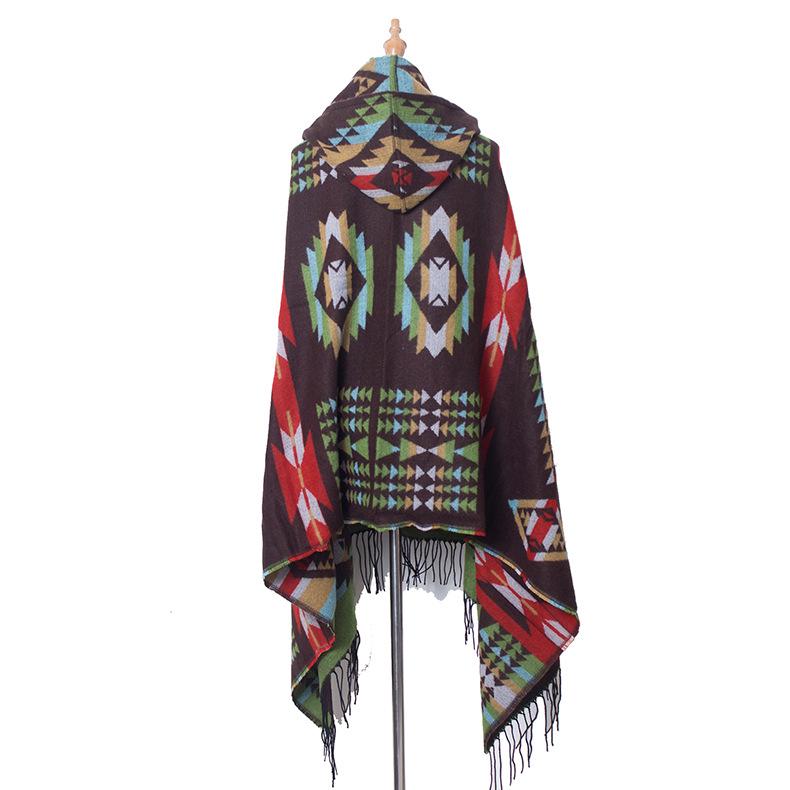Women's Fashion Autumn and Winter Warm Toggle Closure Pashmina Ethnic Style Hooded Cape Bohemian Style Shawl