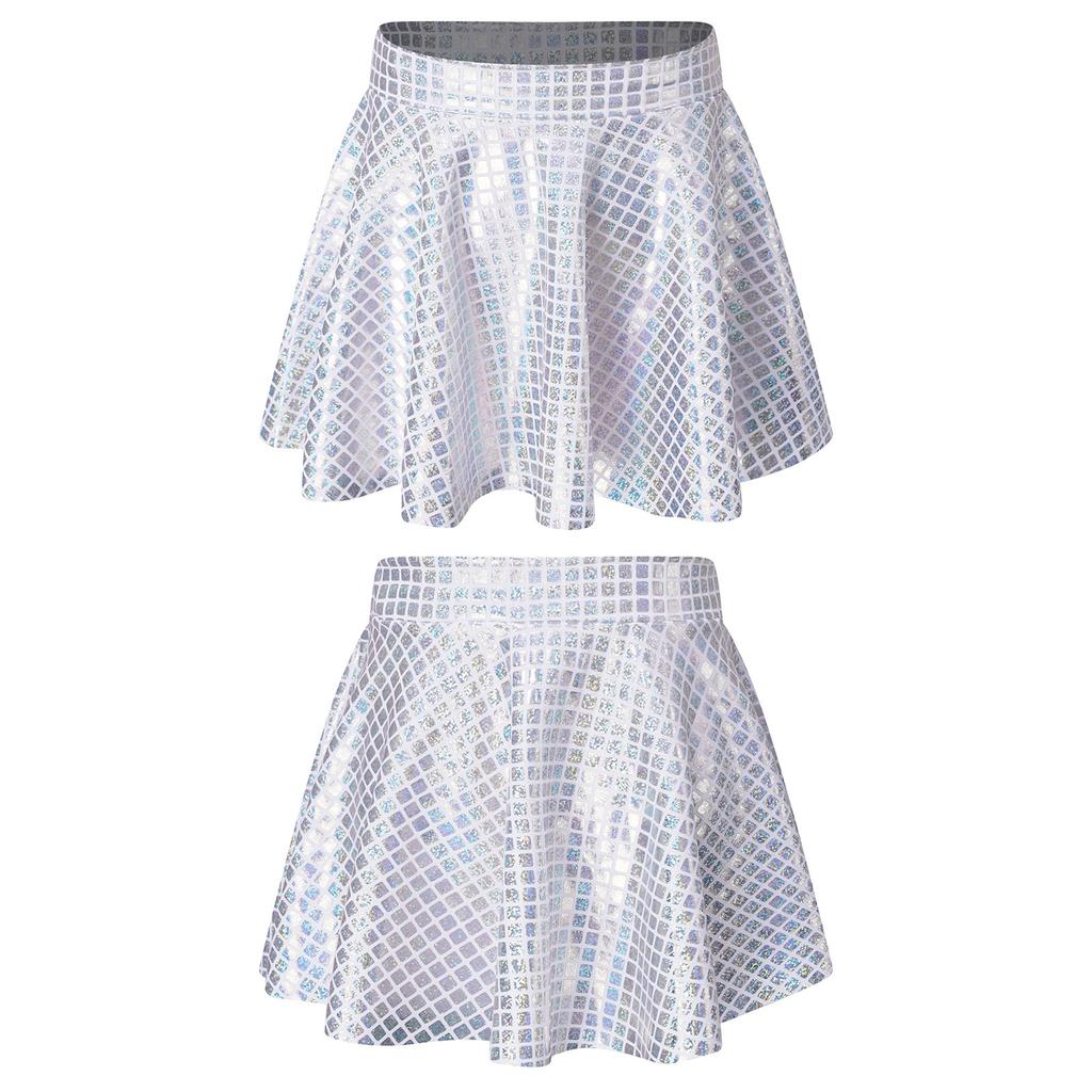 Girls Skirt Elastic Waistband Ruffled Shiny Plaid Sequins Clubwear Mini Skirts for Cheerleading Music Festival Rave Costume