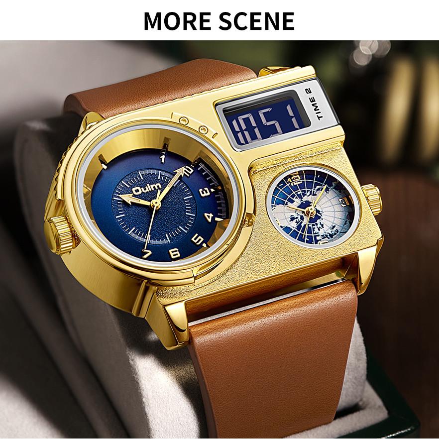 Oulm Large Dial Quartz Watch Leather Sports Casual Men's Watch Gold Men's Watch Fashion Cool Watch