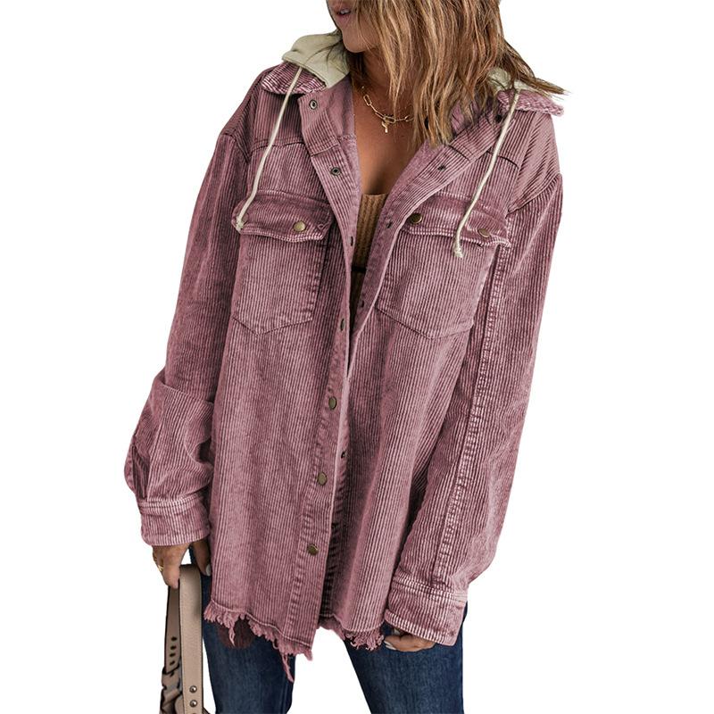 Women Corduroy Jacket Casual Coat Hooded Single Breasted Pockets Patchwork Tops Overcoat 2025 Female Streetwear Outerwear