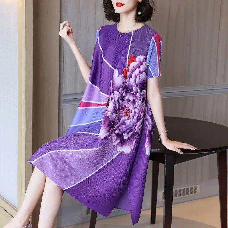 Плиссированное платье, летнее свободное платье большого размера с длинным разрезом в стиле ретро с принтом, юбка с надписью, высококачественное платье с короткими рукавами и круглым вырезом