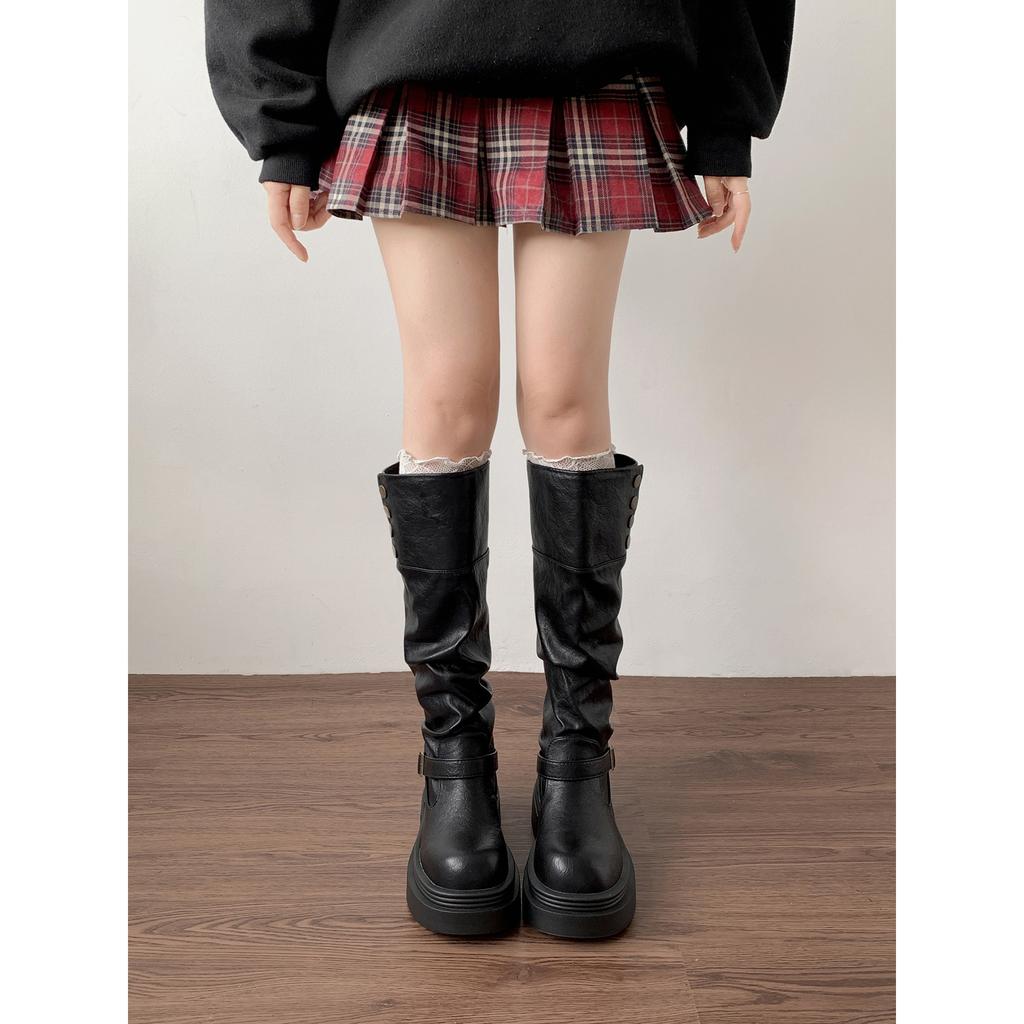 Ретро Черные Премиум Ботинки на Платформе Женские Ботинки 2025 Новые Осенние Узкие Ботинки Рыцаря Майяра