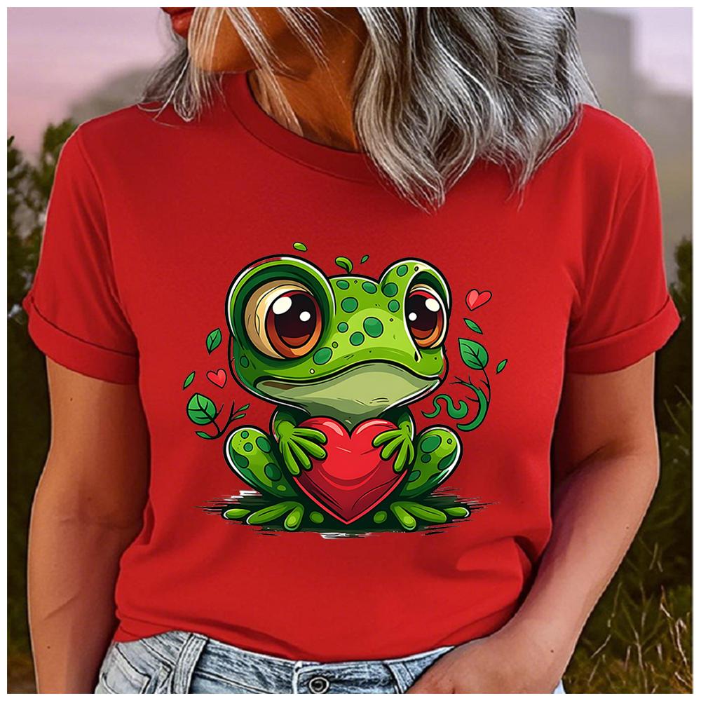 Unisex 100% Polyester Summer Top Cartoon heart-shaped frog Print Loose round Neck Short Sleeve Fashion for Lovers