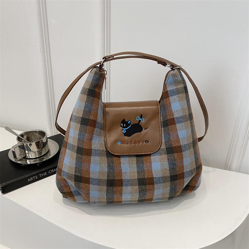 Version cartoon puppy backpack bag women's new college plaid tote bag versatile largecapacity shoulder bag