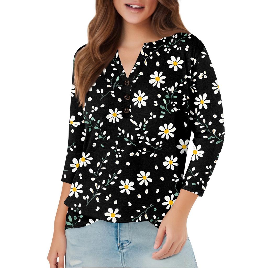 Женский модный повседневный пуловер с рукавом 3/4, принтом на пуговицах и V-образным вырезом