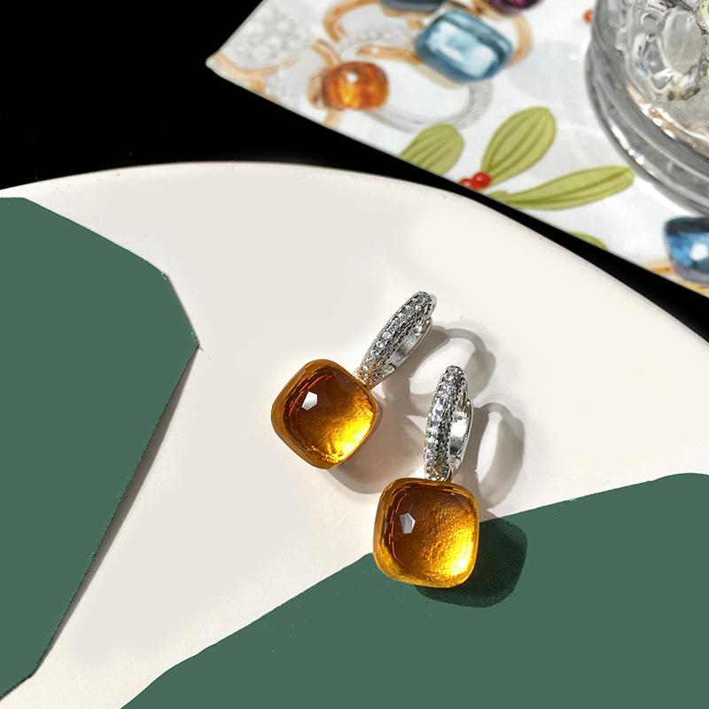 Серебряные серьги с темперой и бриллиантами конфетного цвета, квадратные серьги-гвоздики с кристаллами