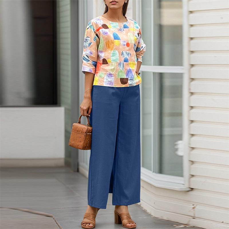 ZANZEA Женский повседневный костюм из двух частей с принтом и блузкой с рукавом 3/4 и брюками
