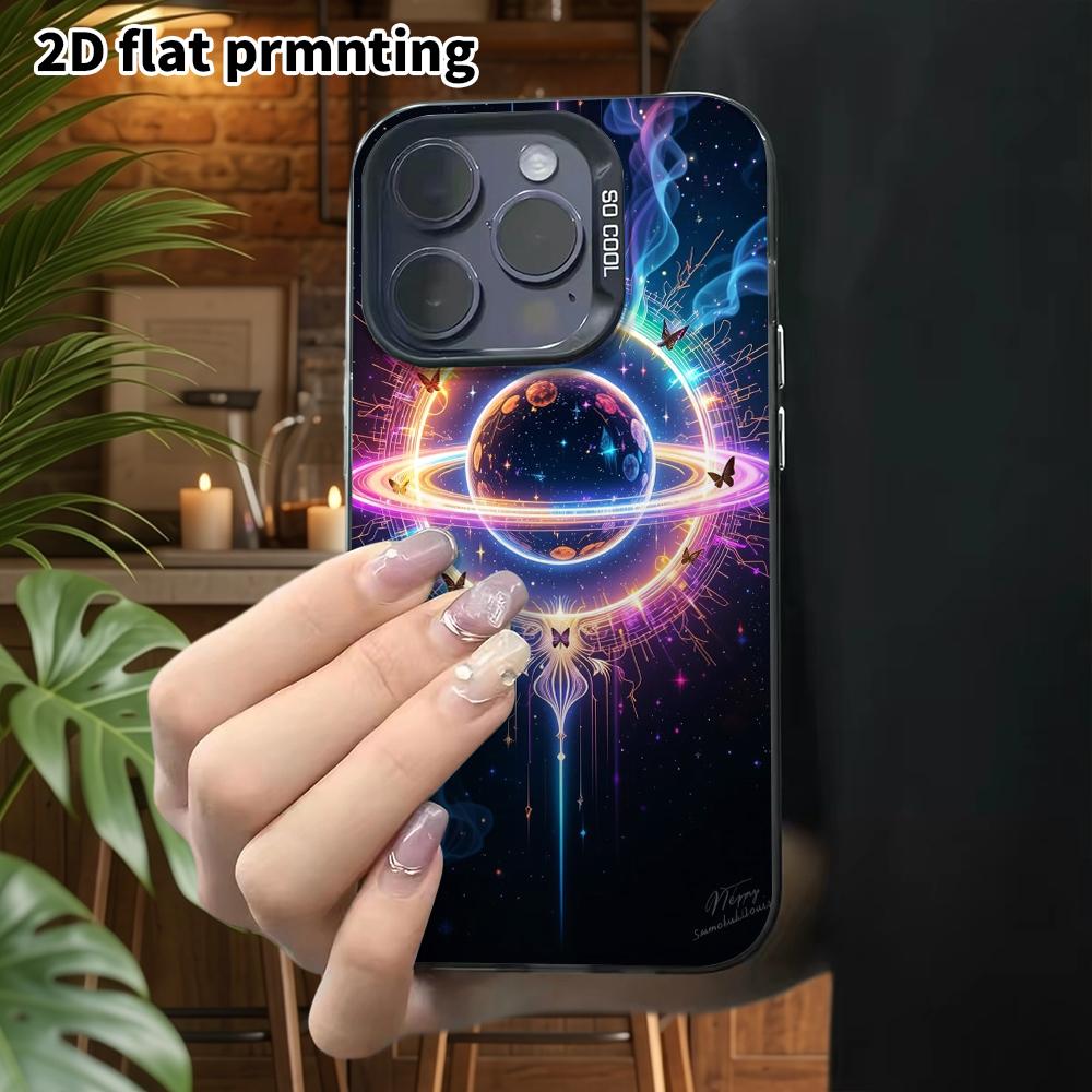Phone Case: 2D flat design, suitable for iPhone 18 17 16 15 14 13Pro in rainbow silver, couple style, planets and butterflies, Christmas and Halloween