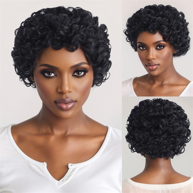 Premium Synthetic Wigs for Women Short Curly Hair Afro Wig with Bangs Natural Black Curly Wig African Hair Styles Casual Wigs