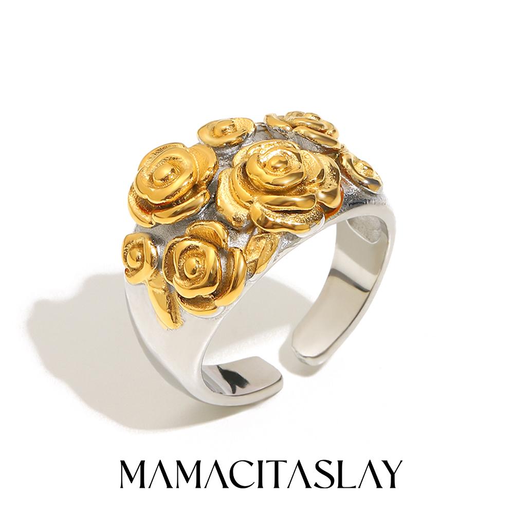 MamacitaSlay 316L Stainless Steel Double Color Multi Flower Open Ring Party Waterproof Jewelry Women's Gold Plated Ring Gift
