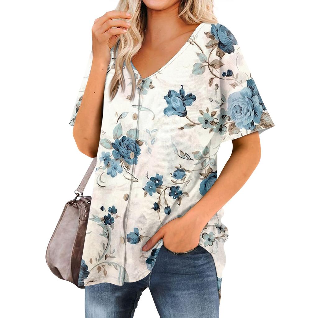 Women's T Shirt Tee Printed Women's Shirts V Neck Short Sleeve Button Up Tunic Tops Blouse