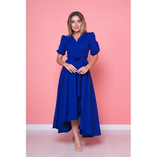 Женское расклешенное платье асимметричного кроя с поясом и двубортным воротником длины миди