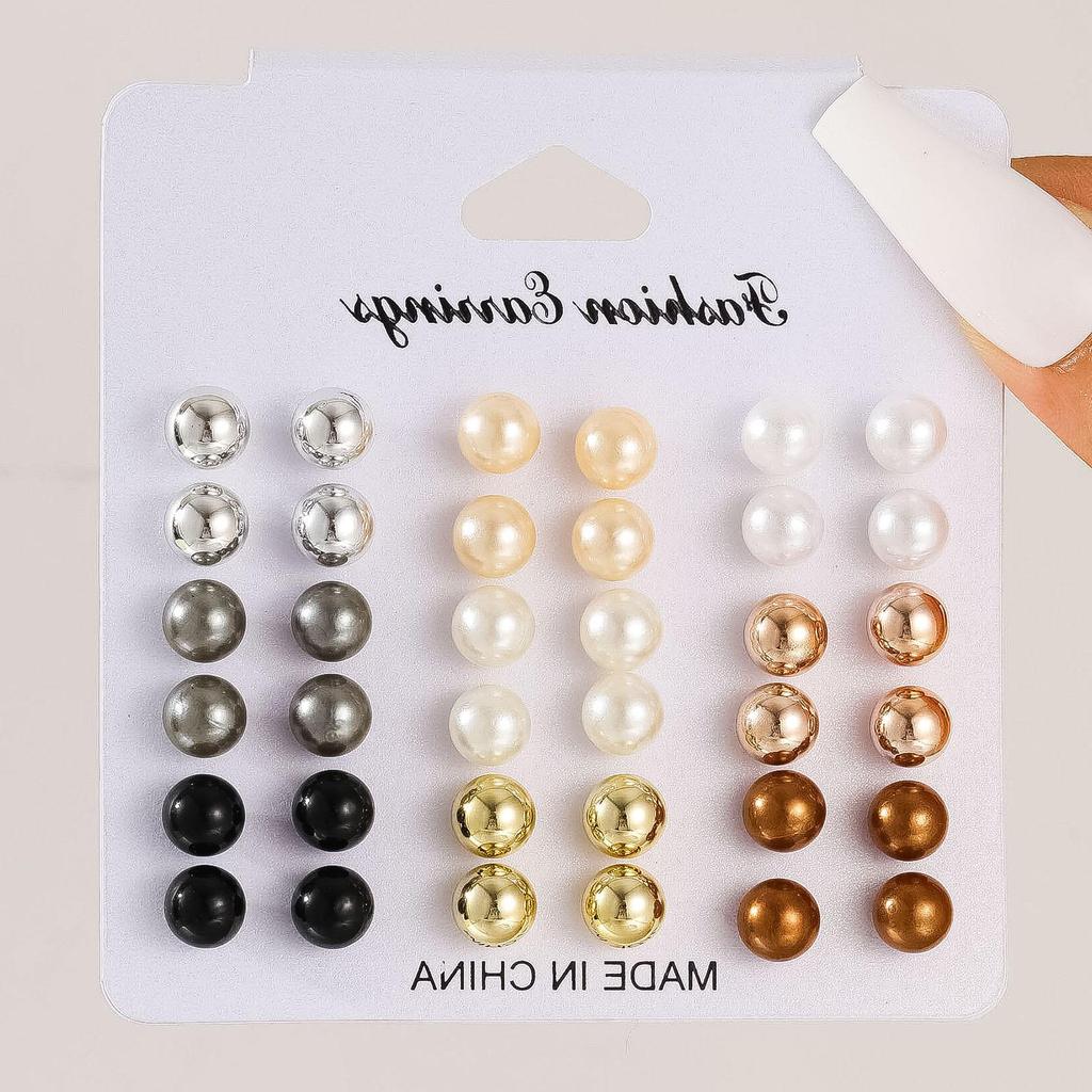 12-Piece Retro Pearl Stud Earring Set: European & American Minimalist Three-Color Collection