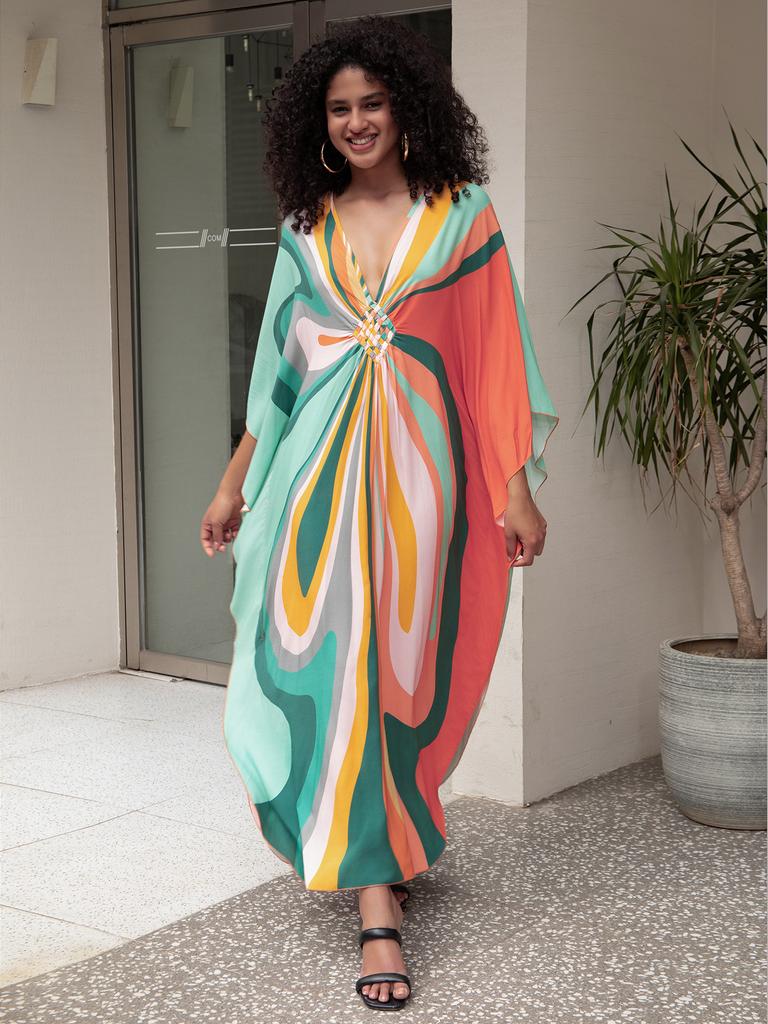 Beach Cover Up Geometric Printed Kaftans for Women Viscose Handmade Waved Maxi Dresses Summer Holiday Bathing Suits