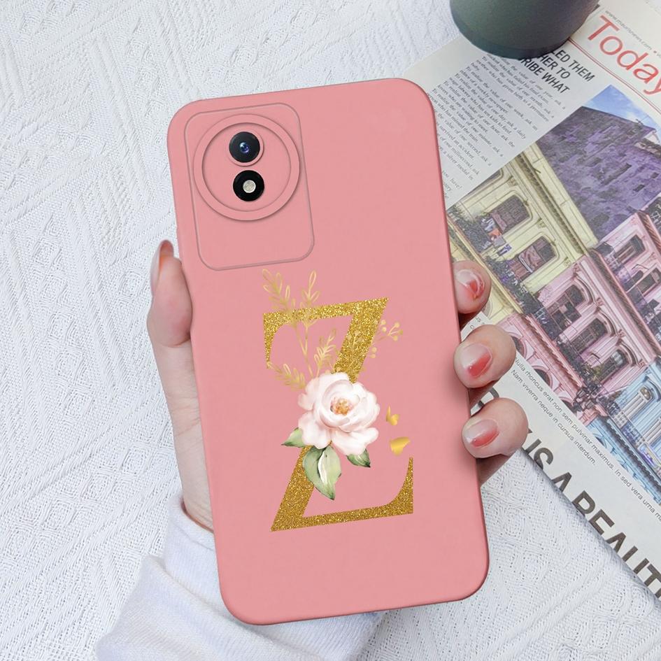 Чехол для телефона Vivo Y02S Y11 Y12 Y15 Y16 Y17 Y19 Y20 Y21 Y30 4G 5G Роскошный защитный жидкий мягкий силиконовый чехол с цветочными буквами для Vivo Bumper Coque