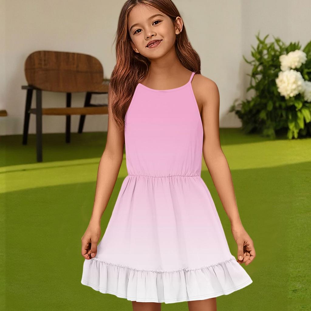 Детское летнее повседневное модное платье с круглым вырезом, однотонное, без рукавов