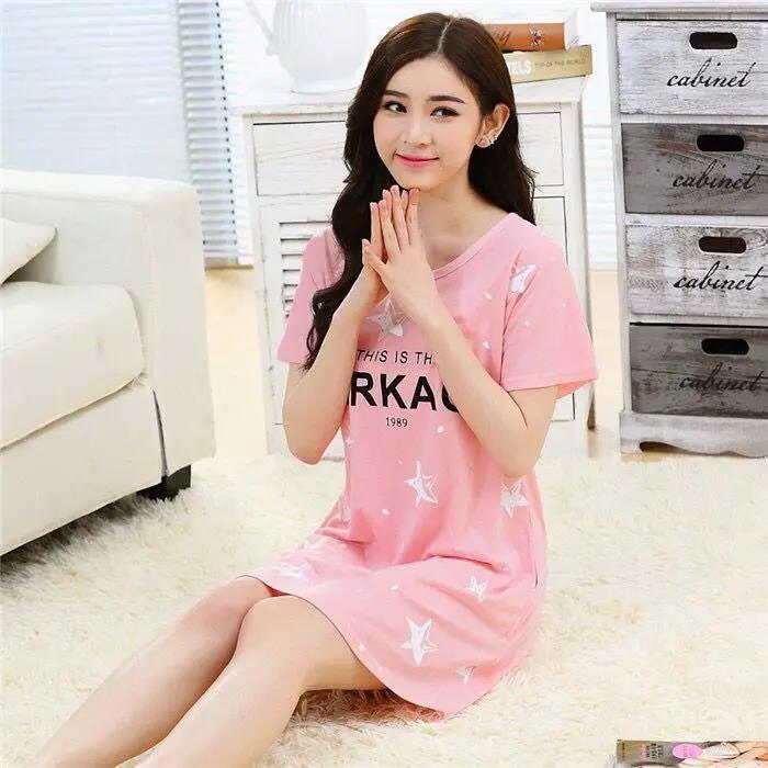 Summer Nightdress Female Cute Sweet Print Short-sleeved Girl Loose Comfortable Soft Mid-length Plus Size Nightdress Ladies Home