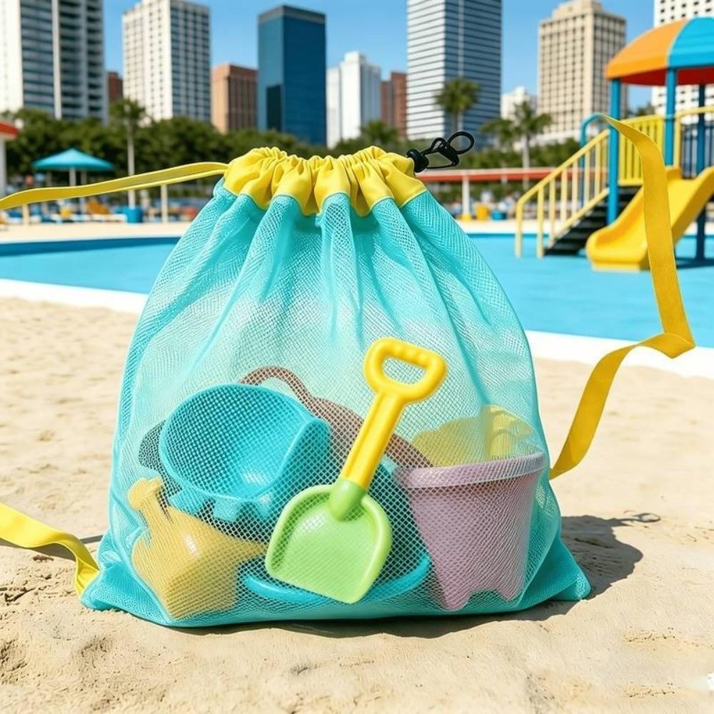 Portable Drawstring Beach Bag Large Capacity Swim Toy Storage Bag Mesh Beach Bag Beach Activities